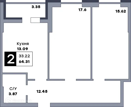Планировка 2-комнатной квартиры 64.5 м² в ЖК Рекорд, г. Самара — фото 1