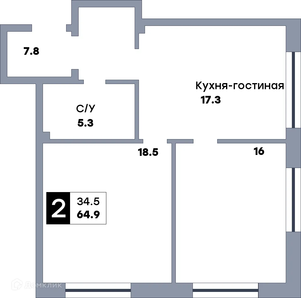 Планировка 2-комнатной квартиры 64.9 м² в ЖК КВАТРО, г. Самара — фото 1