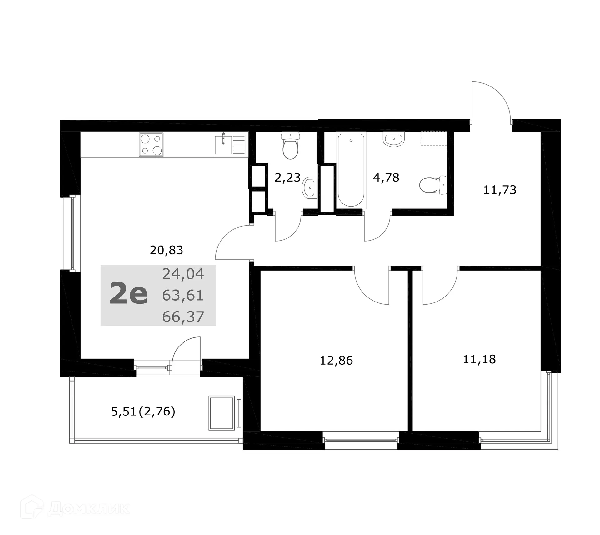 Планировка 2-комнатной квартиры 66.37 м² в ЖК Комфорт, г. Самара — фото 1