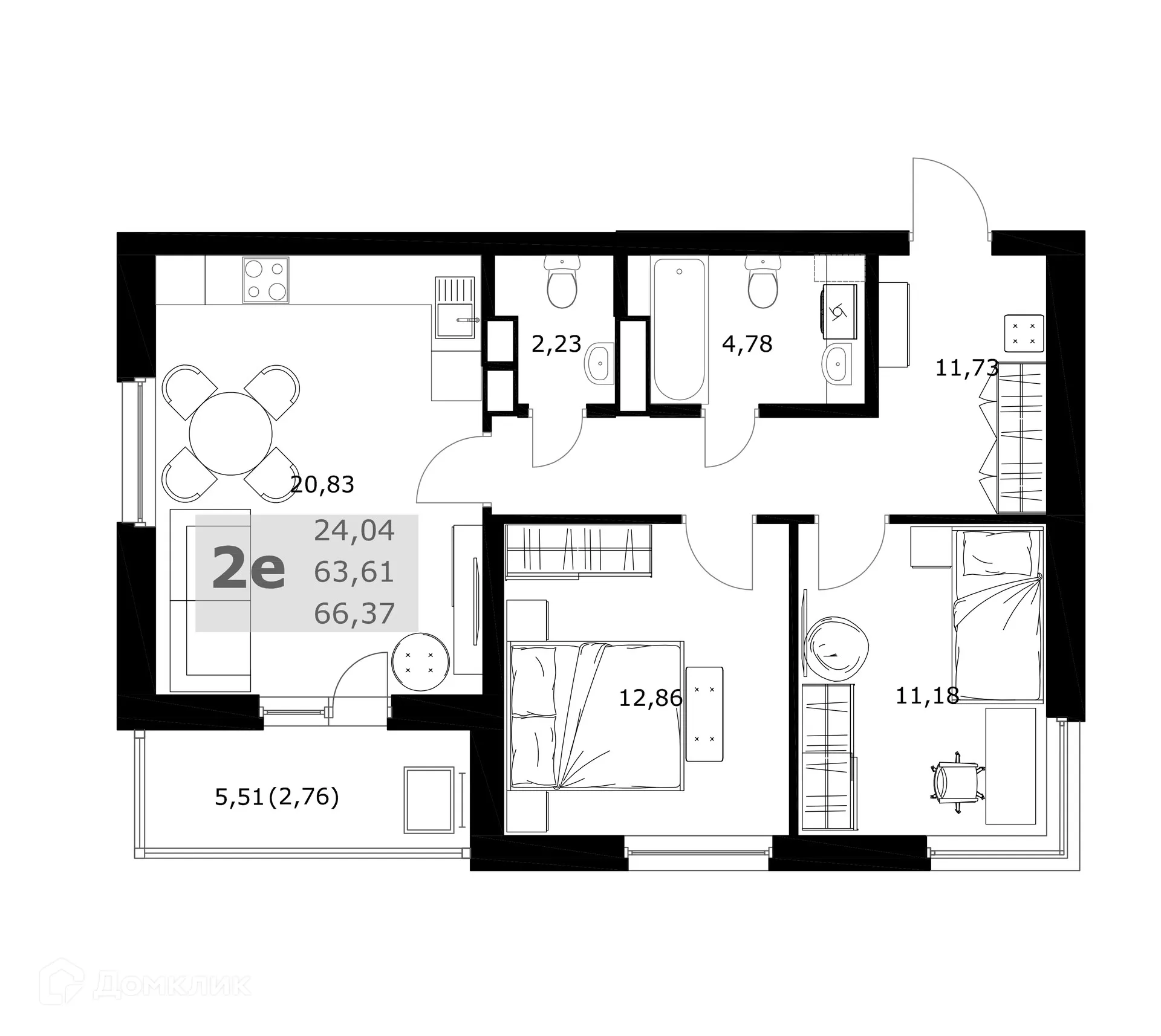 Планировка 2-комнатной квартиры 66.37 м² в ЖК Комфорт, г. Самара — фото 2