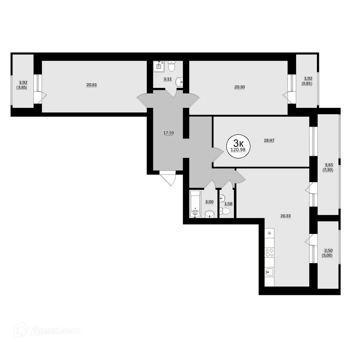 Планировка 3-комнатной квартиры 120.98 м² в ЖК КУЛЬТУРА, г. Самара — фото 12