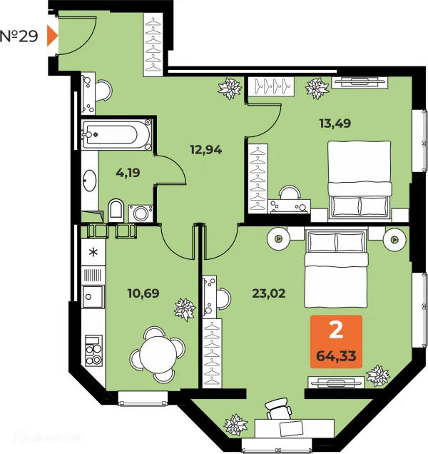 Планировка 2 комн. в ЖК "Капитал"