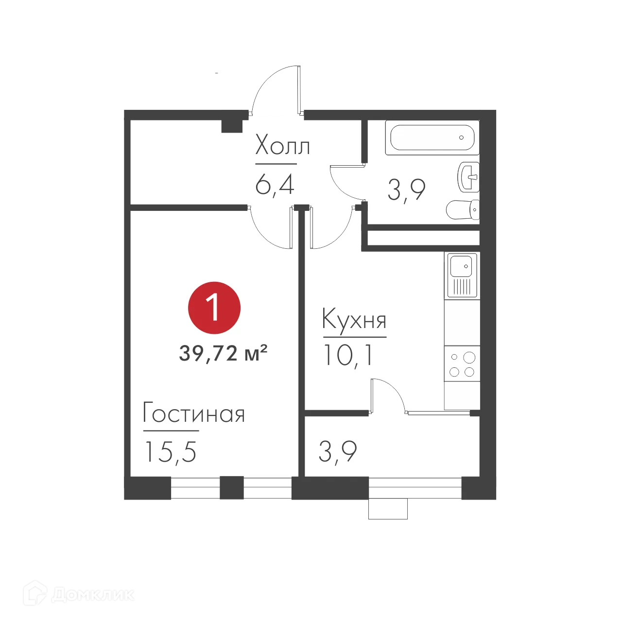 Планировка 1-комнатной квартиры 39.72 м² в ЖК Панова Парк, г. Самара — фото 1