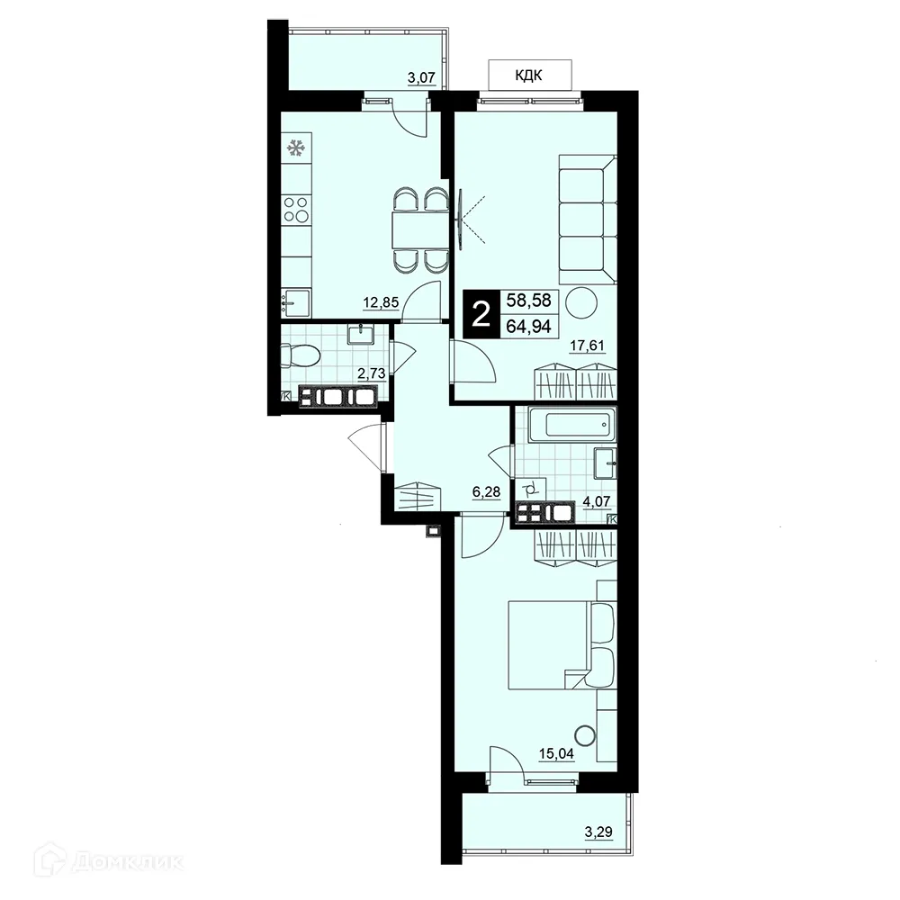 Планировка 2-комнатной квартиры 61.76 м² в ЖК Макрорайон АМГРАД, г. Самара — фото 2