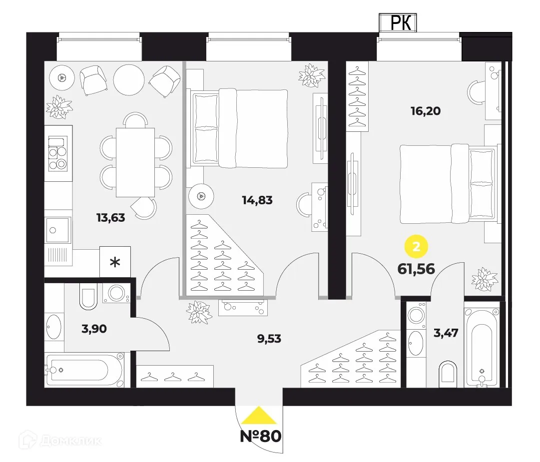 Планировка 2-комнатной квартиры 63.1 м² в ЖК Атмосфера, г. Самара — фото 1