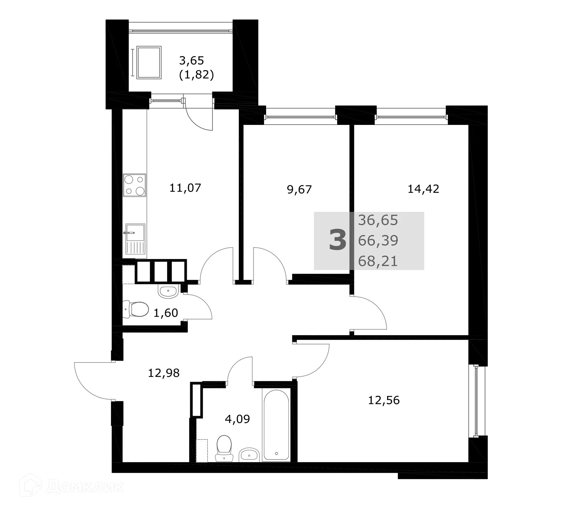 Планировка 3-комнатной квартиры 68.21 м² в ЖК Комфорт, г. Самара — фото 1