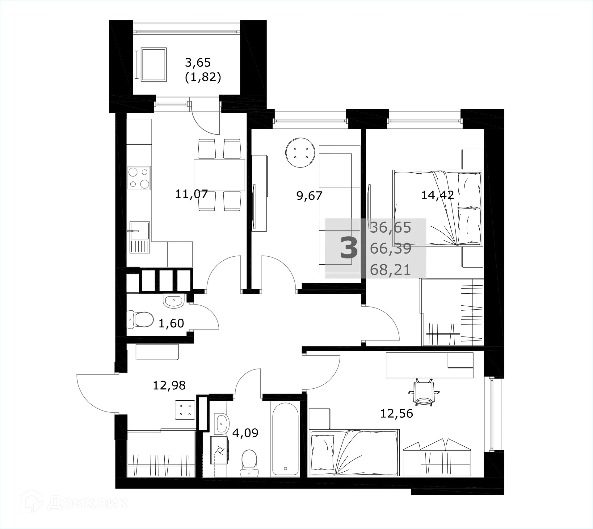 Планировка 3-комнатной квартиры 68.21 м² в ЖК Комфорт, г. Самара — фото 2