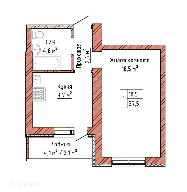 Планировка 1-комнатной квартиры 37.5 м² в ЖК Жилой район "Волгарь", г. Самара — фото 1