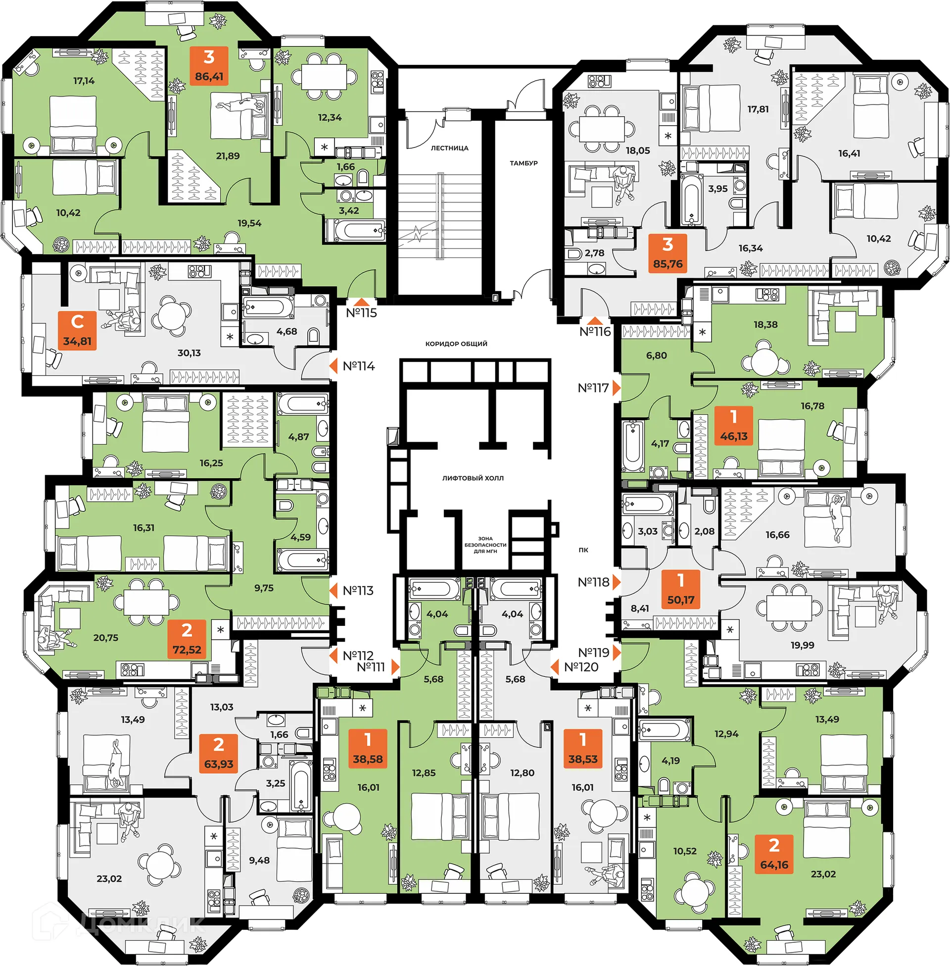 Планировка 3-комнатной квартиры 85.1 м² в ЖК "Капитал", г. Самара — фото 2