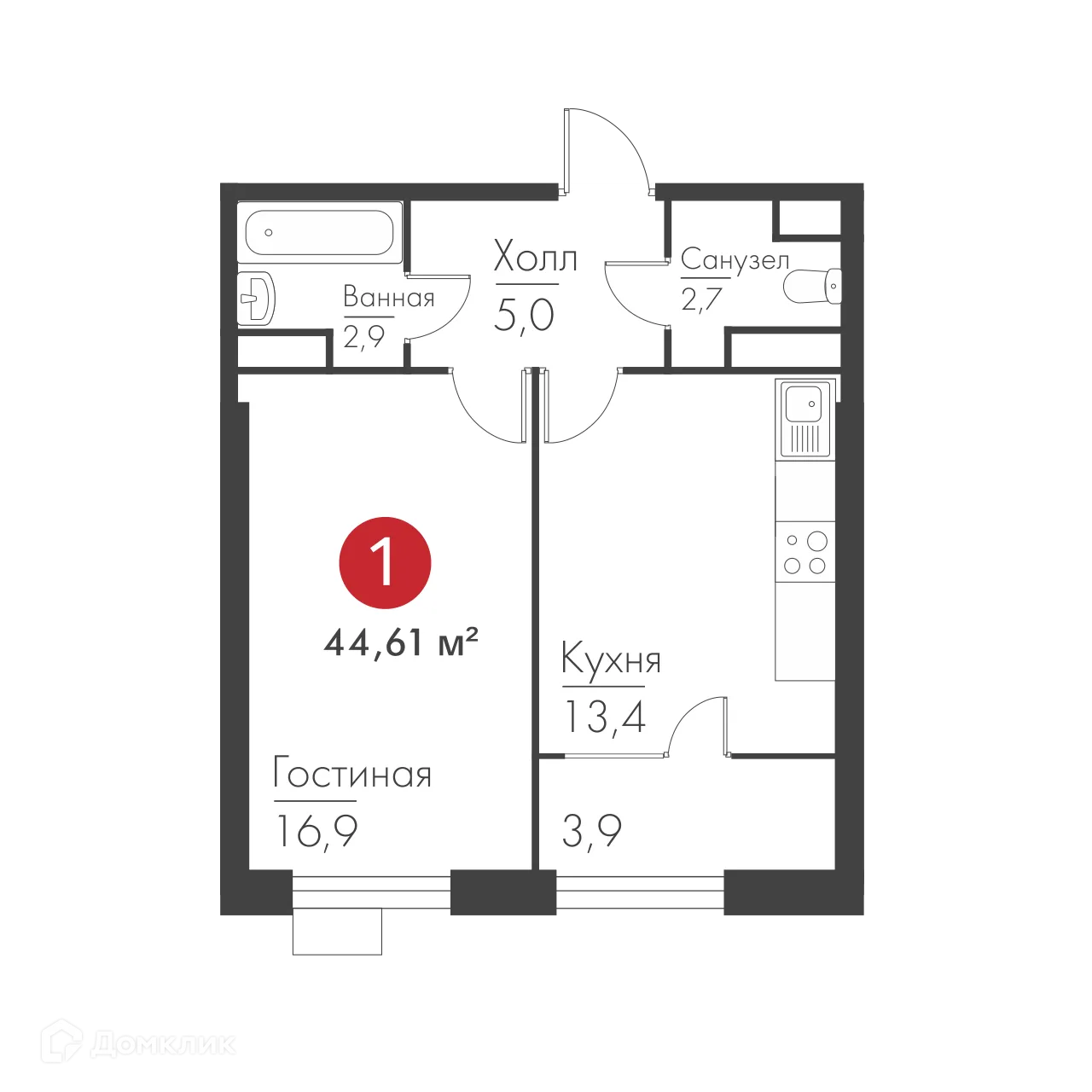Планировка 1-комнатной квартиры 44.29 м² в ЖК Панова Парк, г. Самара — фото 2