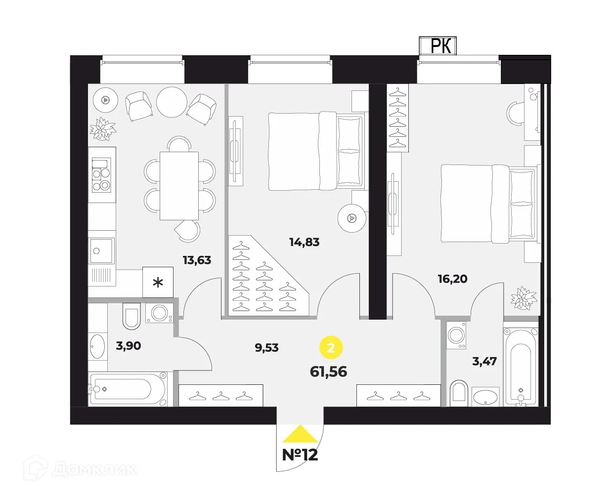 Планировка 2-комнатной квартиры 62.7 м² в ЖК Атмосфера, г. Самара — фото 1