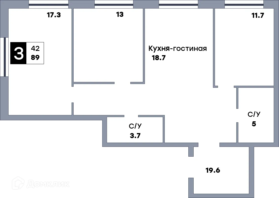 Планировка 3-комнатной квартиры 89 м² в ЖК Аура, г. Самара — фото 1