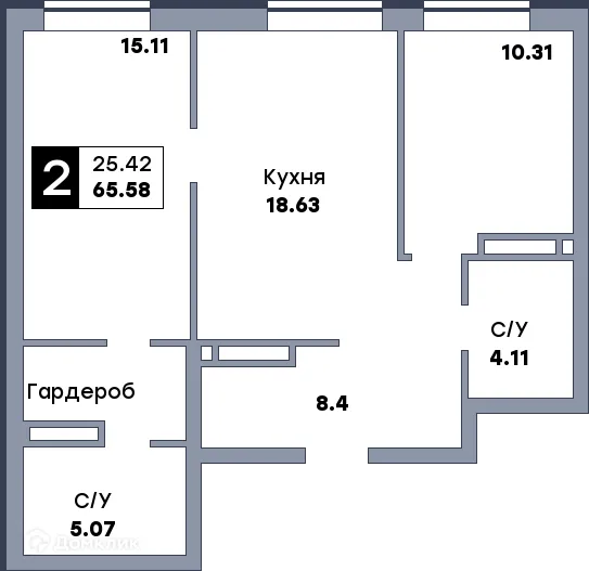 Планировка 2-комнатной квартиры 65.58 м² в ЖК СПУТНИК, г. Самара — фото 7