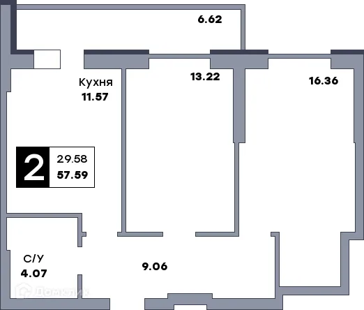 Планировка 2-комнатной квартиры 57.59 м² в ЖК Рекорд, г. Самара — фото 1