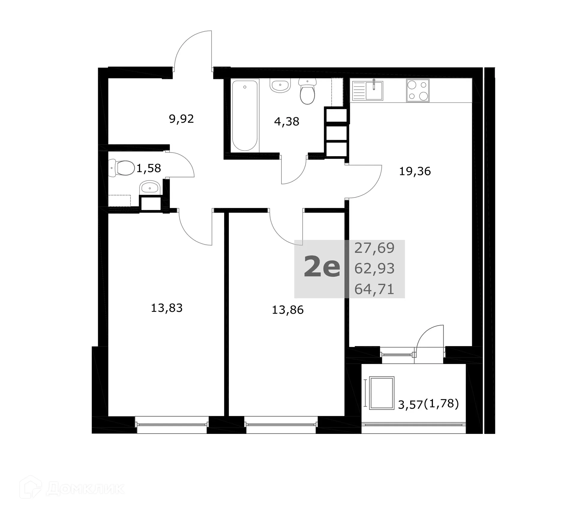 Планировка 2-комнатной квартиры 64.71 м² в ЖК Комфорт, г. Самара — фото 1