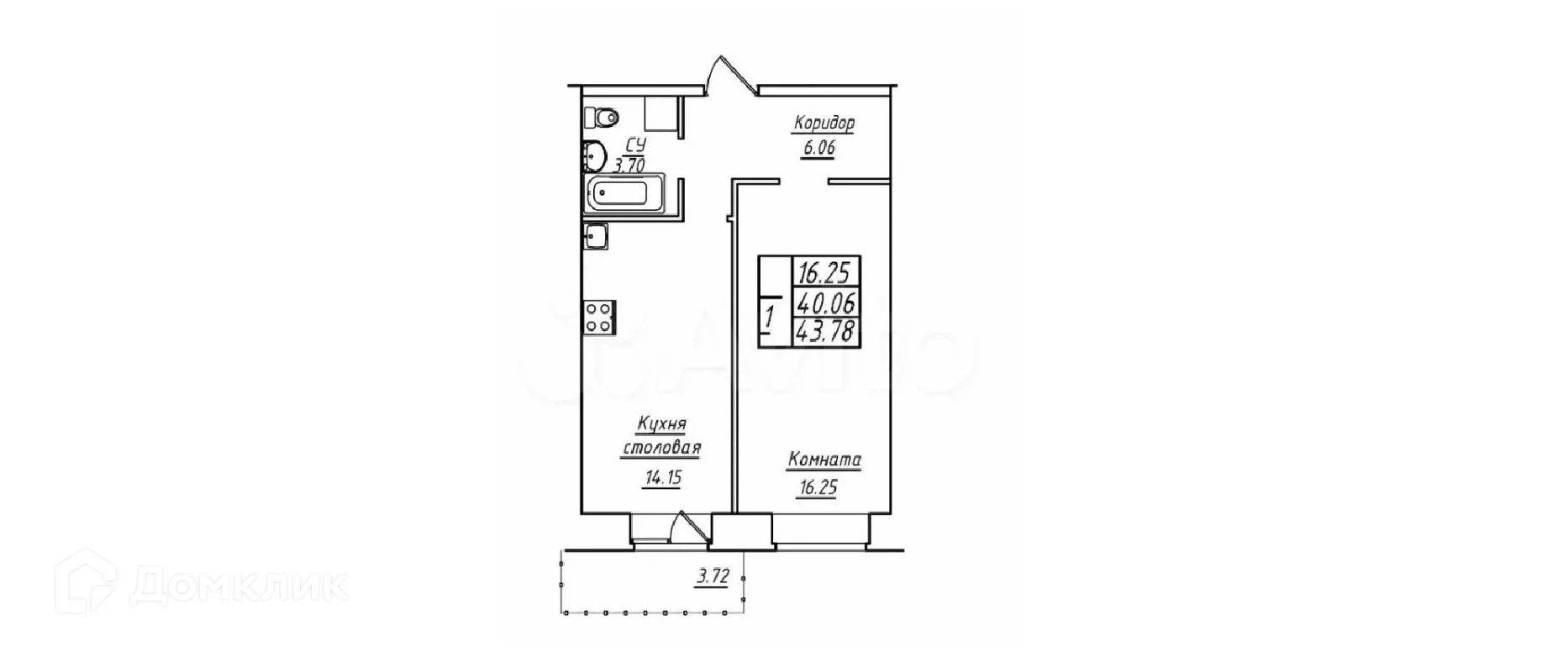 Планировка 1-комнатной квартиры 43.78 м² в ЖК Дом у озера, г. Самара — фото 1