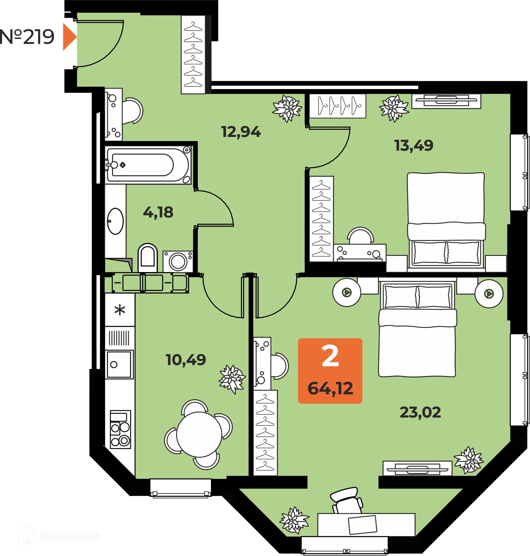 Планировка 2-комнатной квартиры 63.6 м² в ЖК "Капитал", г. Самара — фото 1