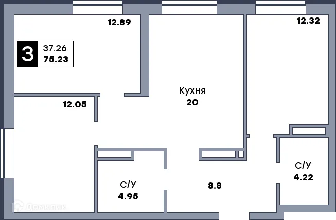 Планировка 3-комнатной квартиры 75.21 м² в ЖК СПУТНИК, г. Самара — фото 3