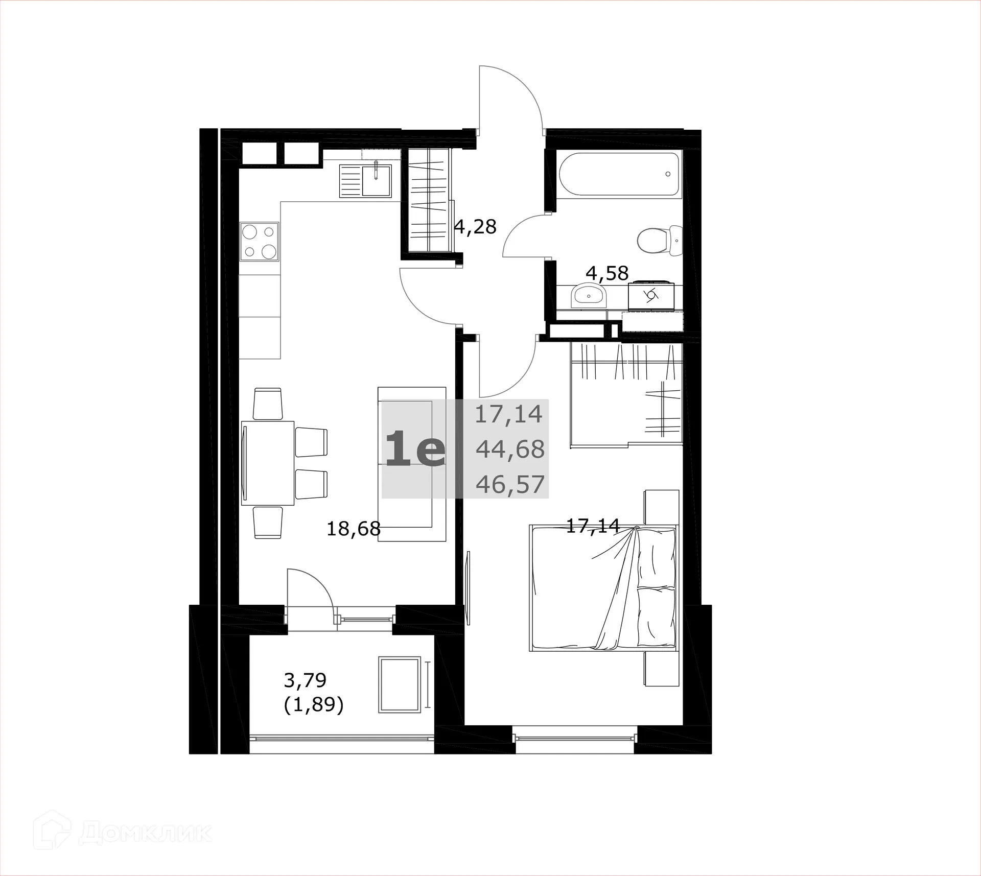Планировка 1-комнатной квартиры 46.57 м² в ЖК Комфорт, г. Самара — фото 5