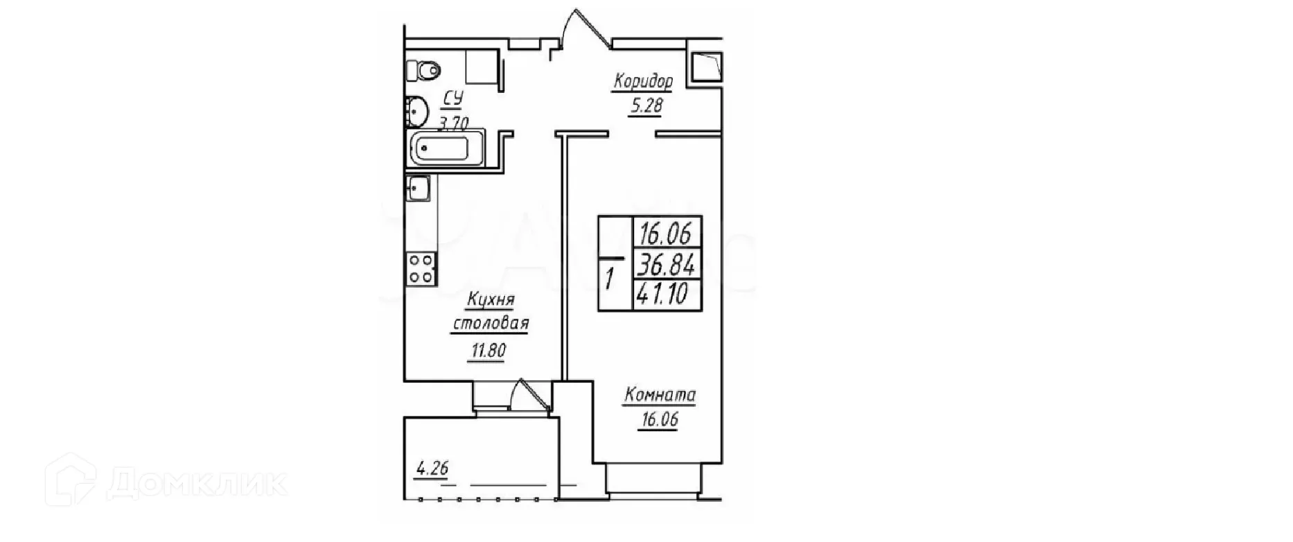 Планировка 1-комнатной квартиры 41.1 м² в ЖК Дом у озера, г. Самара — фото 1