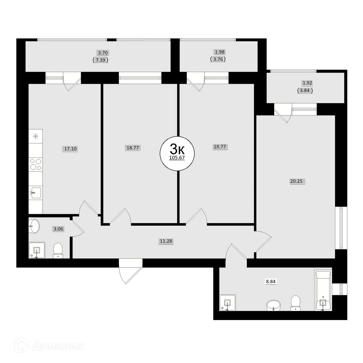 Планировка 3-комнатной квартиры 105.67 м² в ЖК КУЛЬТУРА, г. Самара — фото 11