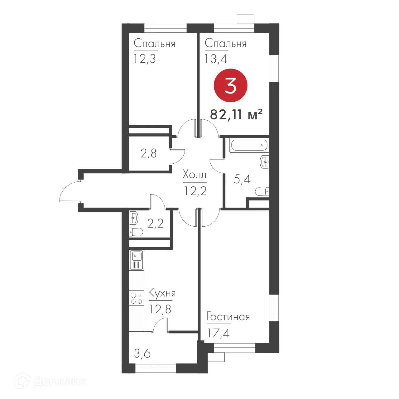 Планировка 3-комнатной квартиры 82.11 м² в ЖК Панова Парк, г. Самара — фото 2