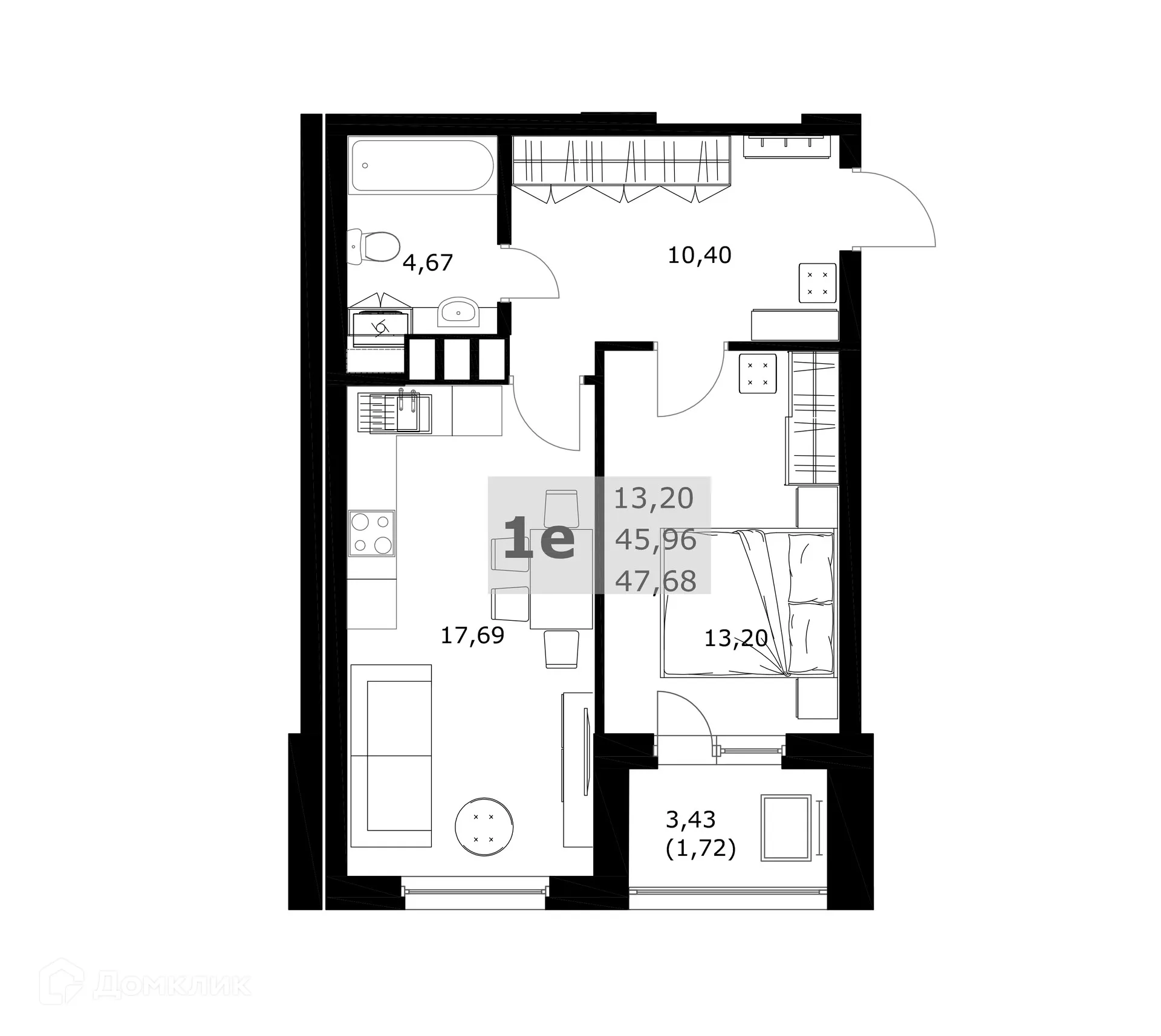 Планировка 1-комнатной квартиры 47.68 м² в ЖК Комфорт, г. Самара — фото 2