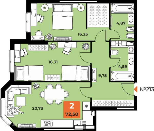 Планировка 2 комн. в ЖК "Капитал"