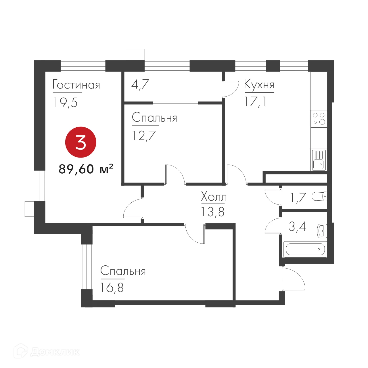 Планировка 3-комнатной квартиры 89.6 м² в ЖК Панова Парк, г. Самара — фото 2