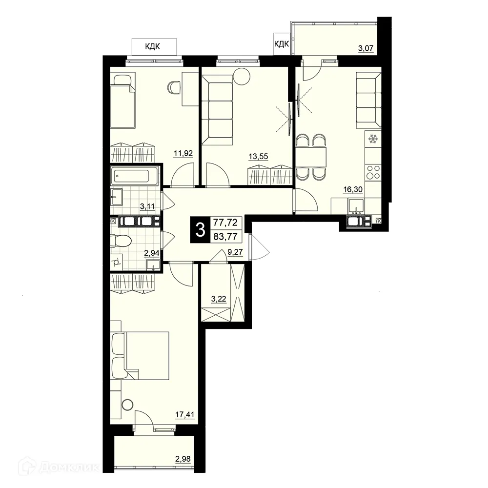 Планировка 3-комнатной квартиры 80.75 м² в ЖК Макрорайон АМГРАД, г. Самара — фото 1