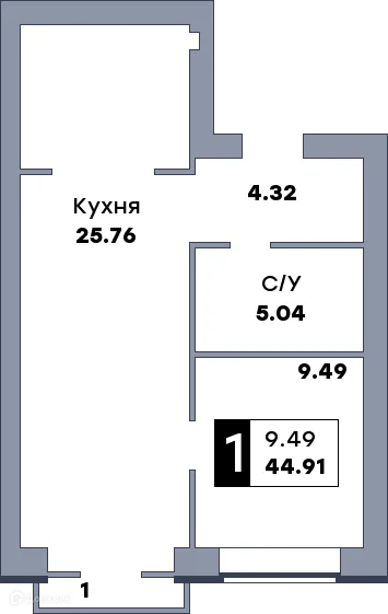 Планировка 1-комнатной квартиры 47.1 м² в ЖК Заречье, г. Самара — фото 1