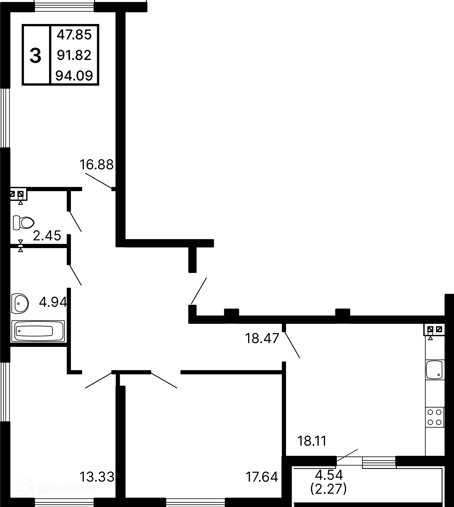 Планировка 3-комнатной квартиры 94.09 м² в ЖК Развитие, г. Самара — фото 1