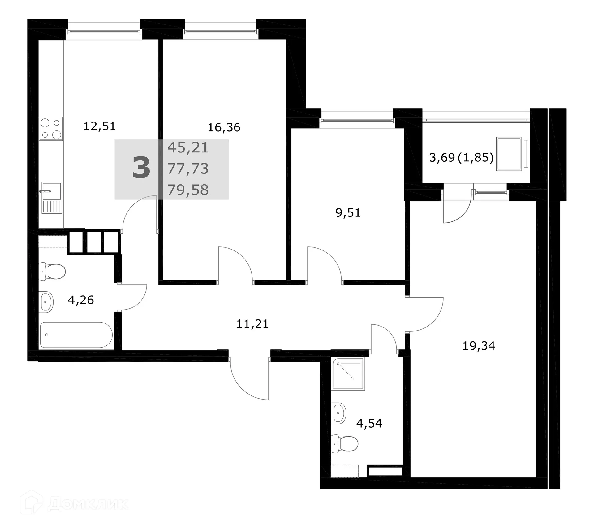 Планировка 3-комнатной квартиры 79.58 м² в ЖК Комфорт, г. Самара — фото 1