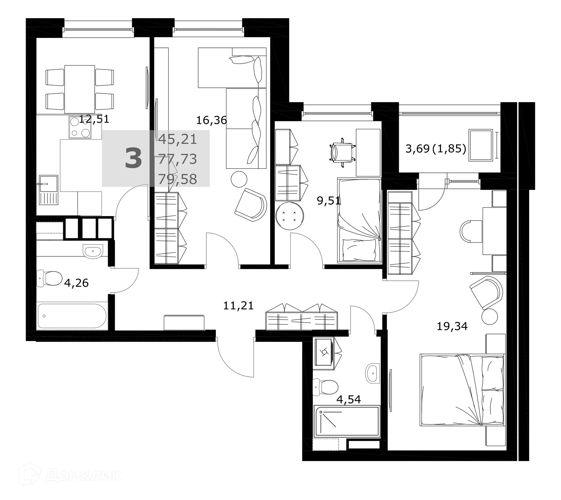 Планировка 3-комнатной квартиры 79.58 м² в ЖК Комфорт, г. Самара — фото 2