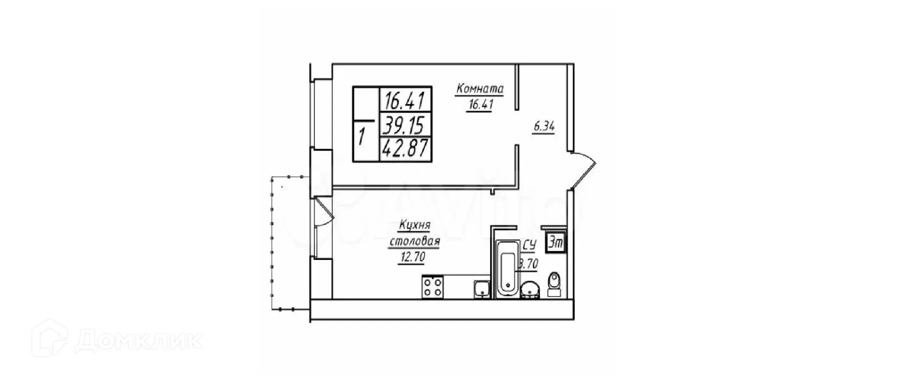 Планировка 1-комнатной квартиры 42.87 м² в ЖК Дом у озера, г. Самара — фото 1