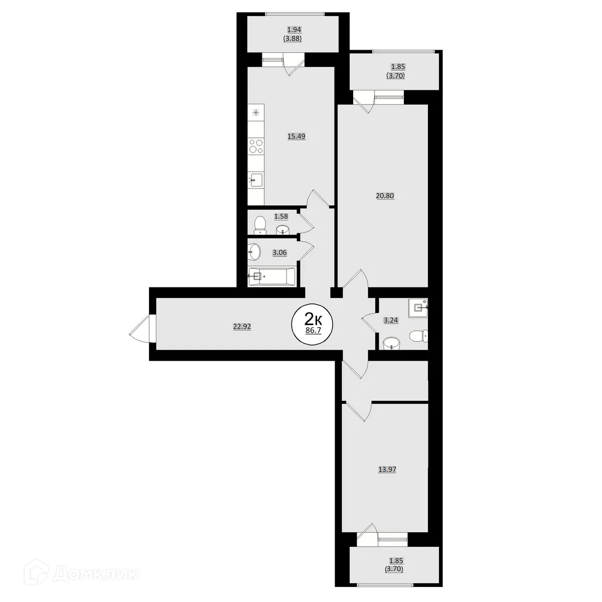 Планировка 2-комнатной квартиры 86.7 м² в ЖК КУЛЬТУРА, г. Самара — фото 16