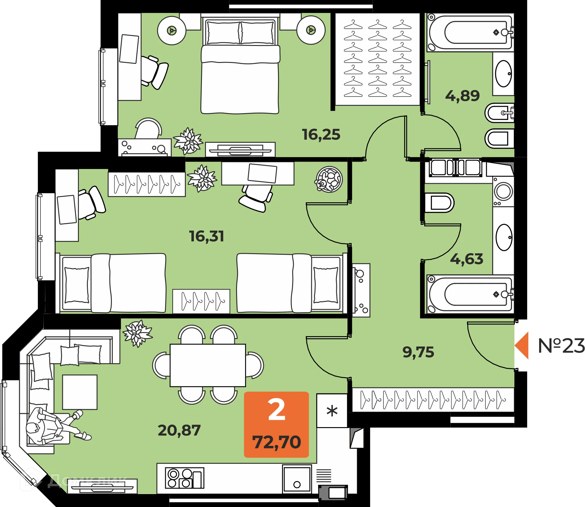 Планировка 2-комнатной квартиры 71.9 м² в ЖК "Капитал", г. Самара — фото 2
