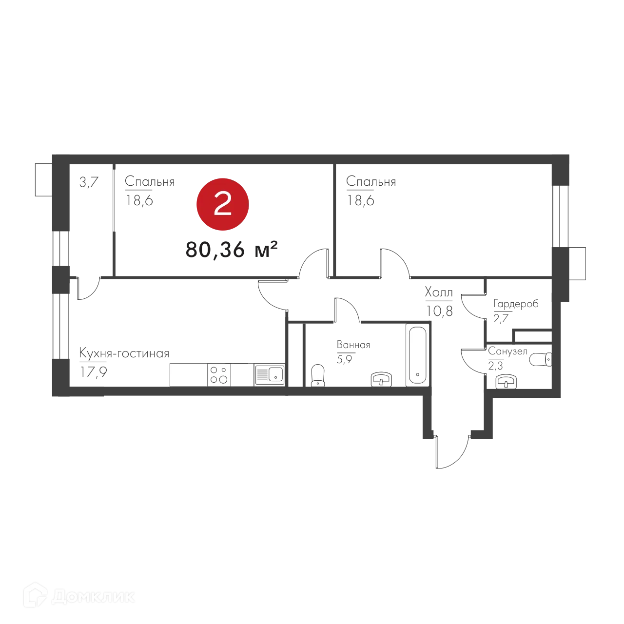 Планировка 2-комнатной квартиры 80.36 м² в ЖК Панова Парк, г. Самара — фото 2