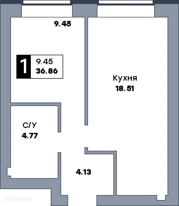 Планировка 1-комнатной квартиры 38.2 м² в ЖК Заречье, г. Самара — фото 1