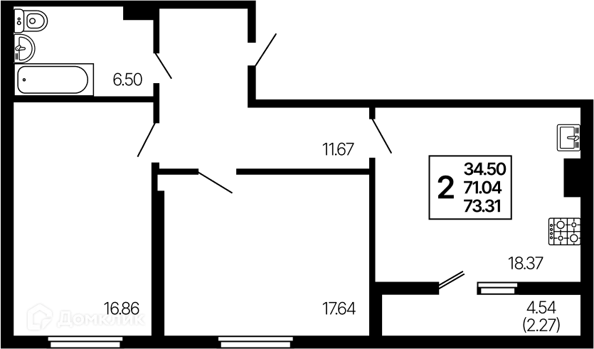 Планировка 2-комнатной квартиры 73.26 м² в ЖК Развитие, г. Самара — фото 1