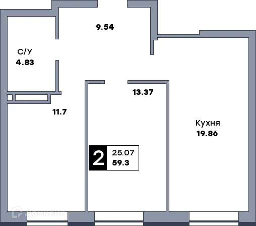 Планировка 2-комнатной квартиры 59.28 м² в ЖК СПУТНИК, г. Самара — фото 3