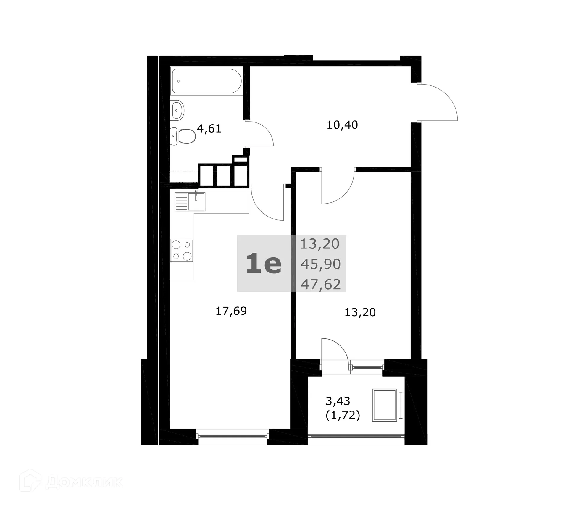 Планировка 1-комнатной квартиры 47.62 м² в ЖК Комфорт, г. Самара — фото 4