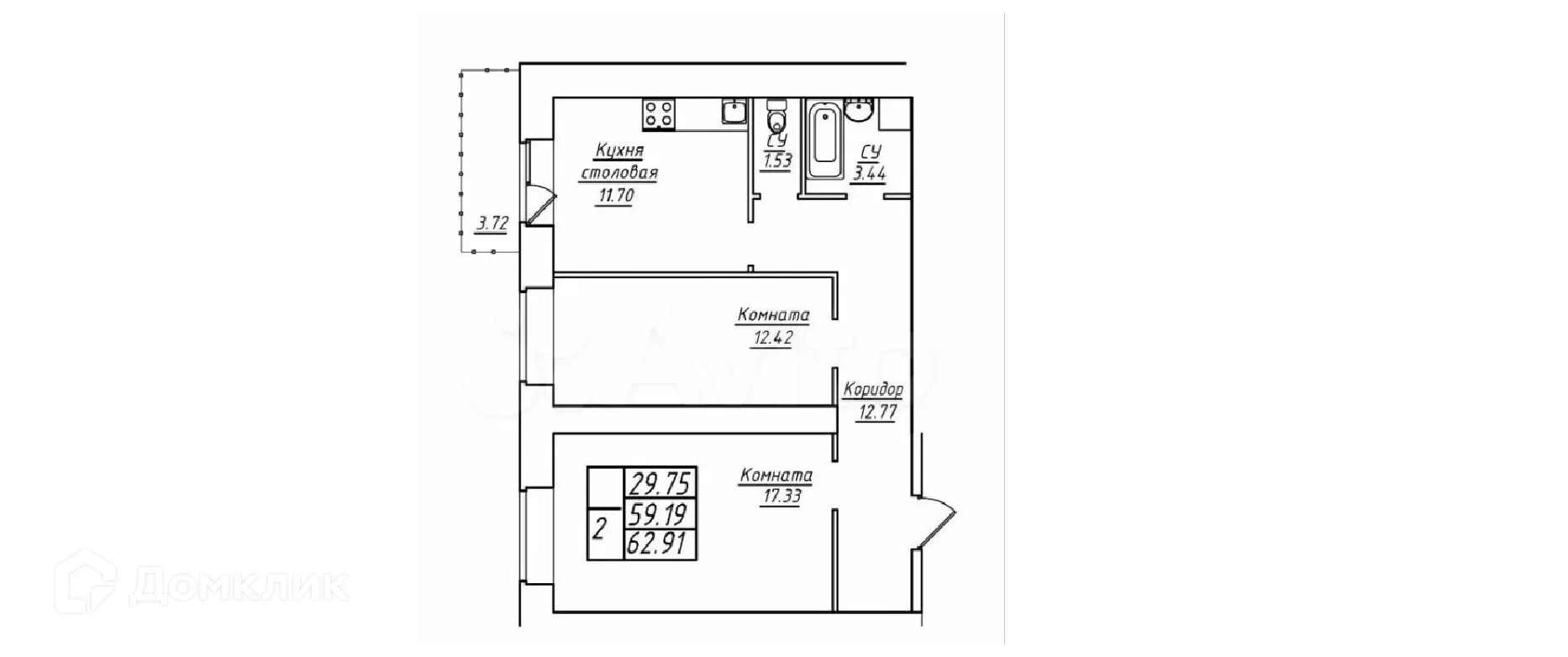 Планировка 2-комнатной квартиры 62.91 м² в ЖК Дом у озера, г. Самара — фото 1