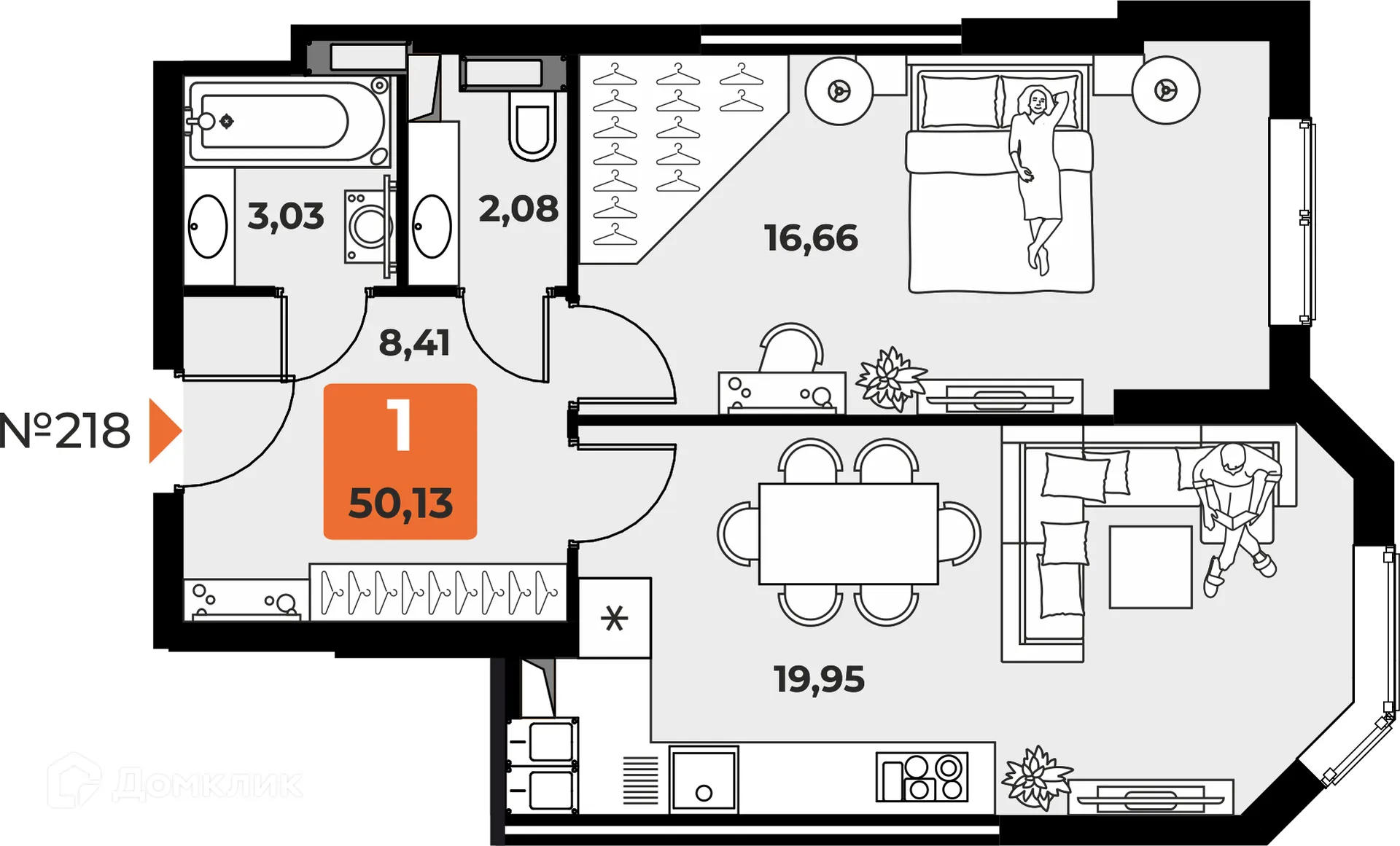 Планировка 1-комнатной квартиры 49.8 м² в ЖК "Капитал", г. Самара — фото 1
