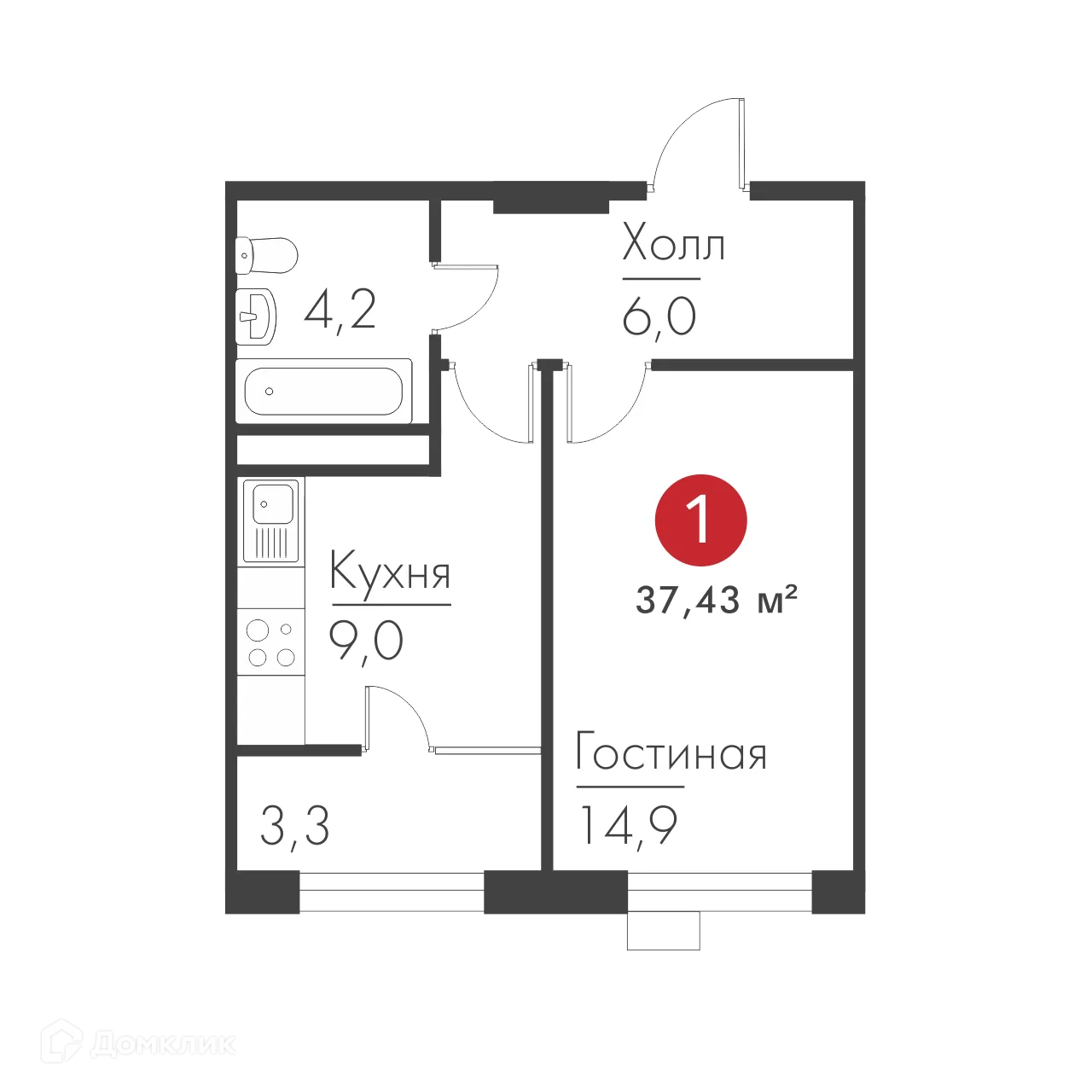Планировка 1-комнатной квартиры 37.43 м² в ЖК Панова Парк, г. Самара — фото 2
