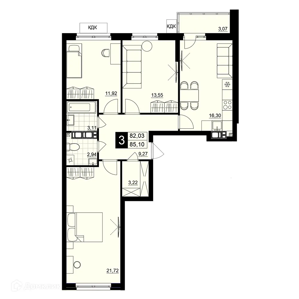 Планировка 3-комнатной квартиры 83.57 м² в ЖК Макрорайон АМГРАД, г. Самара — фото 1