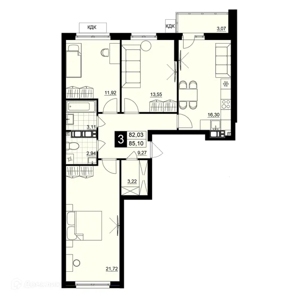 Планировка 3 комн. в ЖК Макрорайон АМГРАД