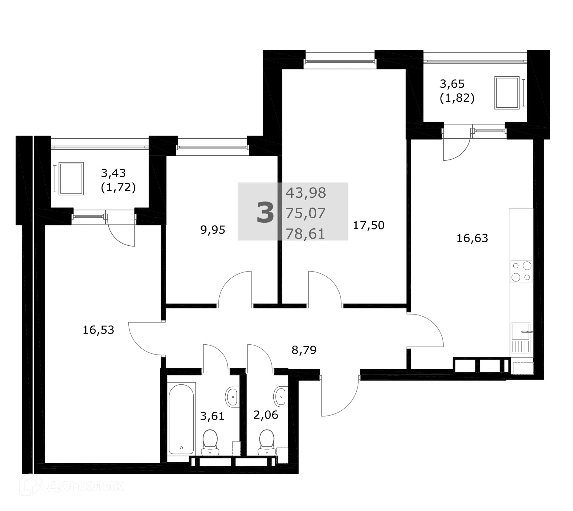 Планировка 3-комнатной квартиры 78.61 м² в ЖК Комфорт, г. Самара — фото 4