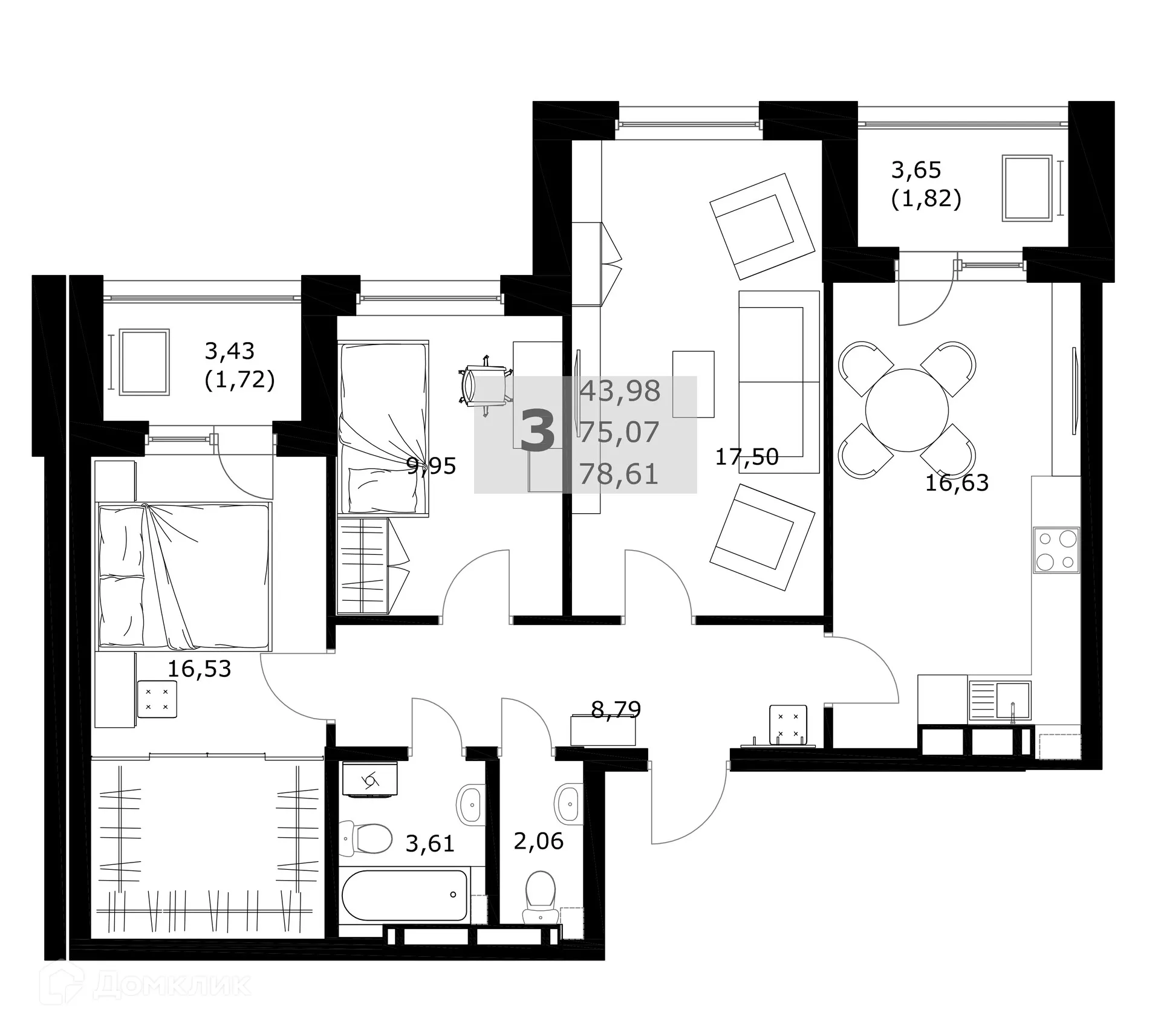 Планировка 3-комнатной квартиры 78.61 м² в ЖК Комфорт, г. Самара — фото 5