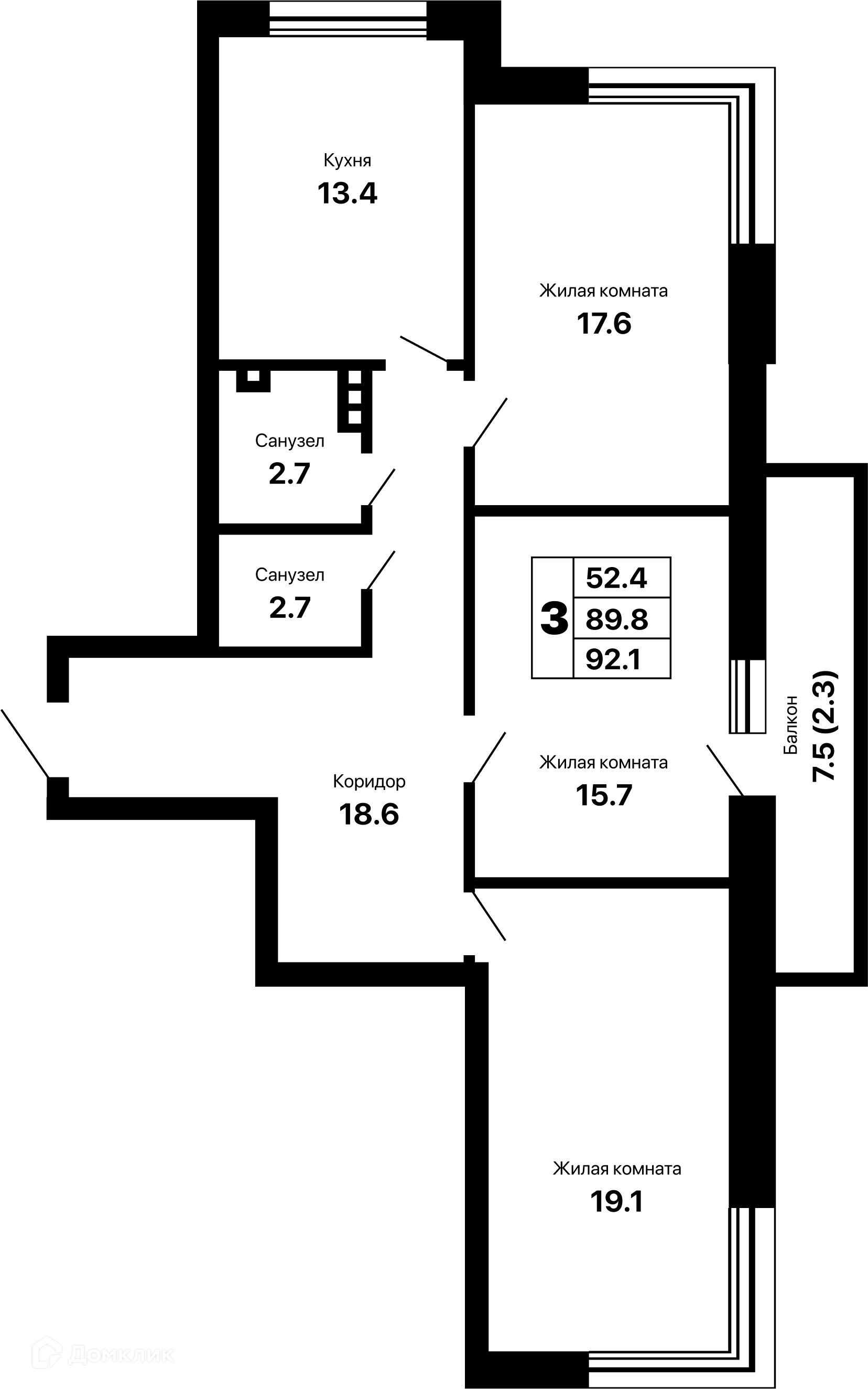 Планировка 3-комнатной квартиры 92.1 м² в ЖК Горизонт-2, г. Самара — фото 1